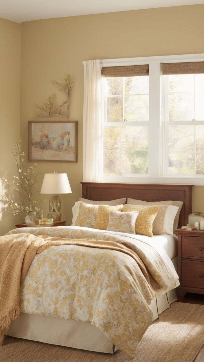 cozy bedroom decor, comfortable bedding, warm lighting, soft blankets, cozy throw pillows