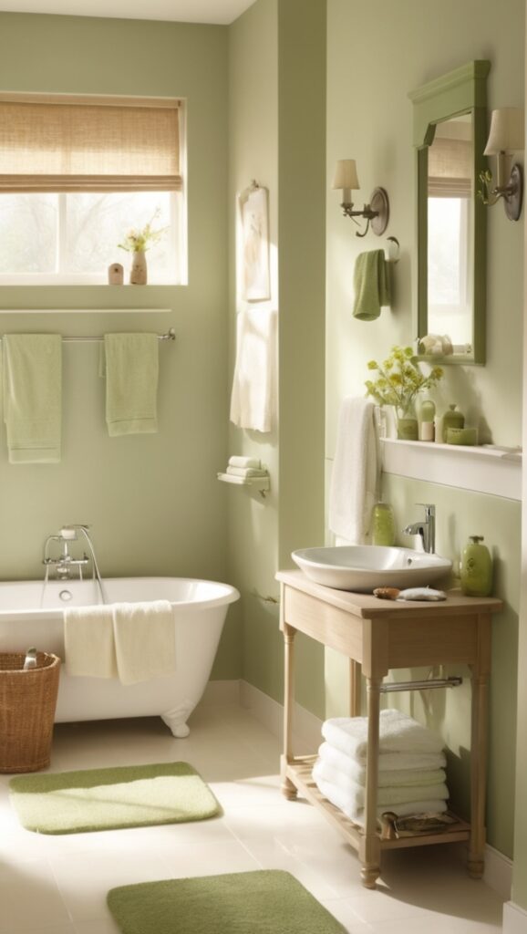 beige bathroom decor, green bathroom accessories, beige and green bathroom design, beige and green bathroom ideas, classy bathroom decor