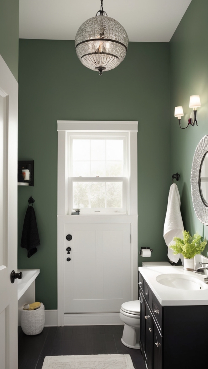 green bathroom decor, black bathroom tiles, dark green shower curtain, black and green bathroom accessories, dark green bath towels