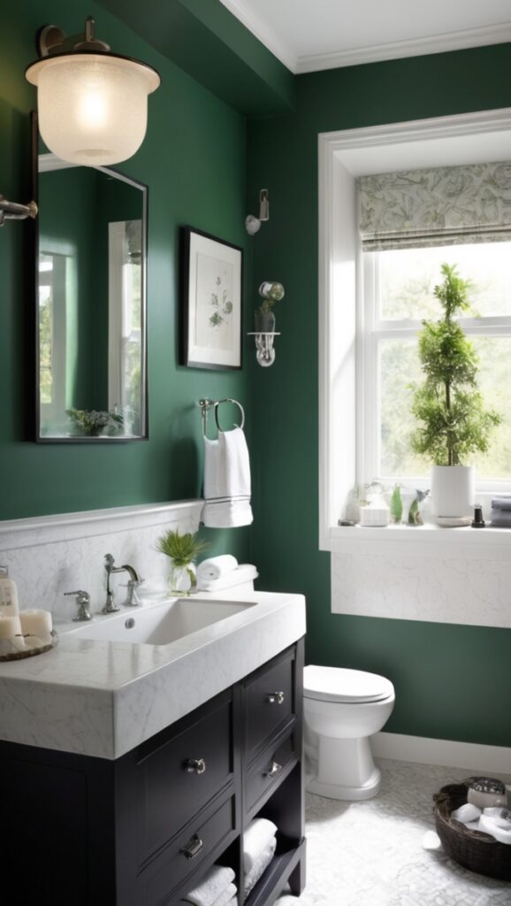 green bathroom decor, black bathroom tiles, dark green shower curtain, black and green bathroom accessories, dark green bath towels