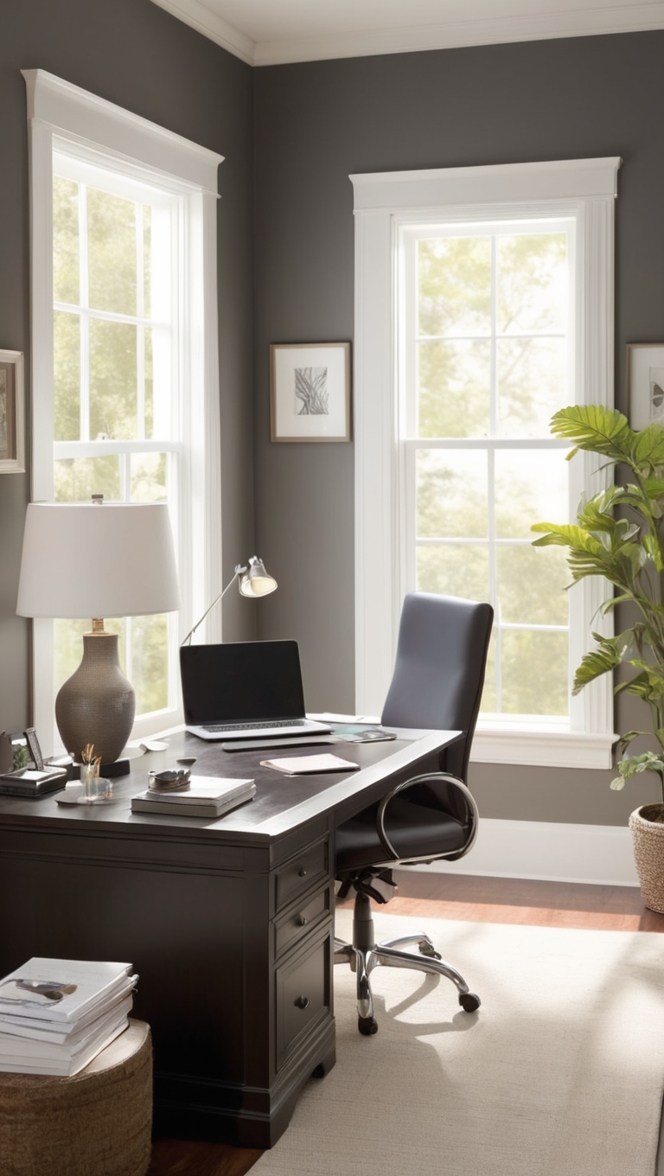 dark home office, moody office decor, black home office design, atmospheric workspace, mysterious office space