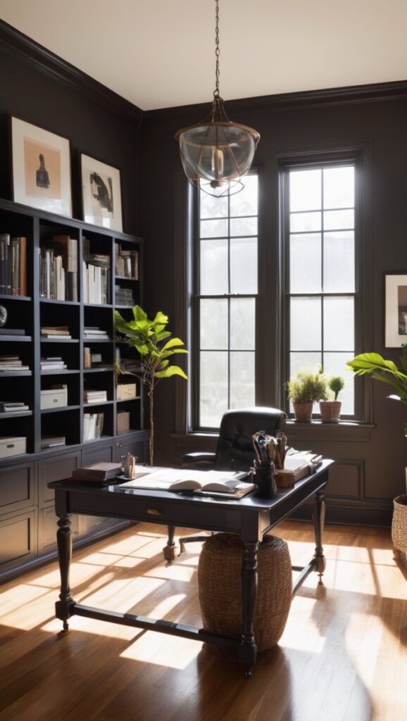 dark home office, moody office decor, black home office design, atmospheric workspace, mysterious office space
