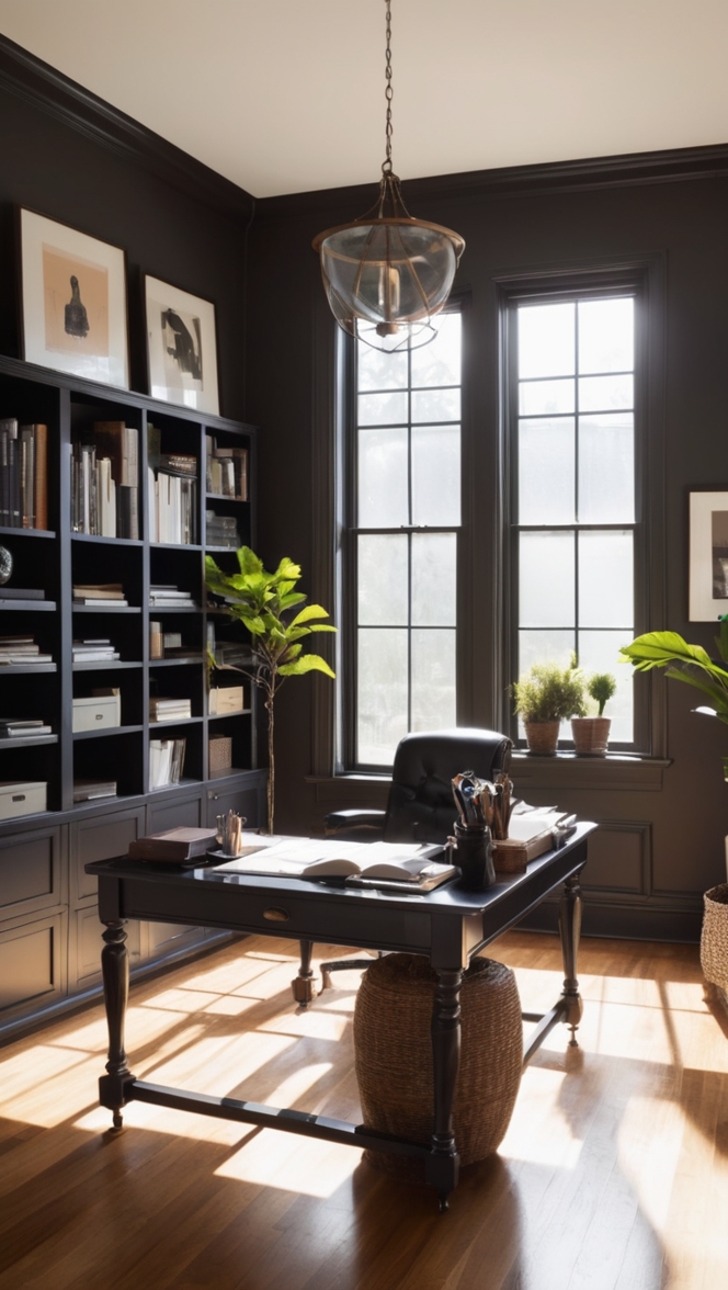 dark home office, moody office decor, black home office design, atmospheric workspace, mysterious office space 