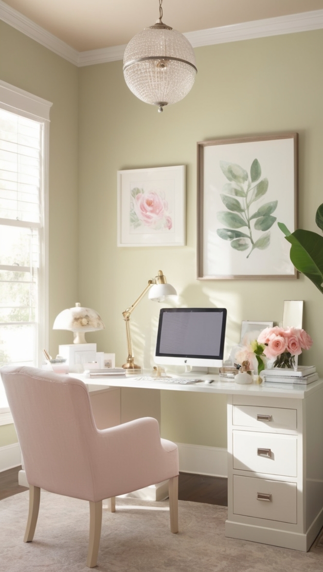 feminine home office decor, elegant office furniture, chic home office design, stylish home office organization, luxurious office accessories