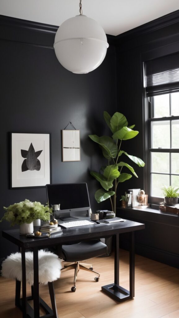 dark home office design, elegant workspace decor, modern study room, monochrome office setup, sophisticated black office