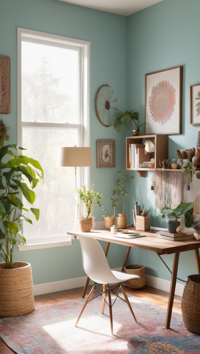 home office decor, bohemian office accessories, boho office furniture, modern boho office, chic home office