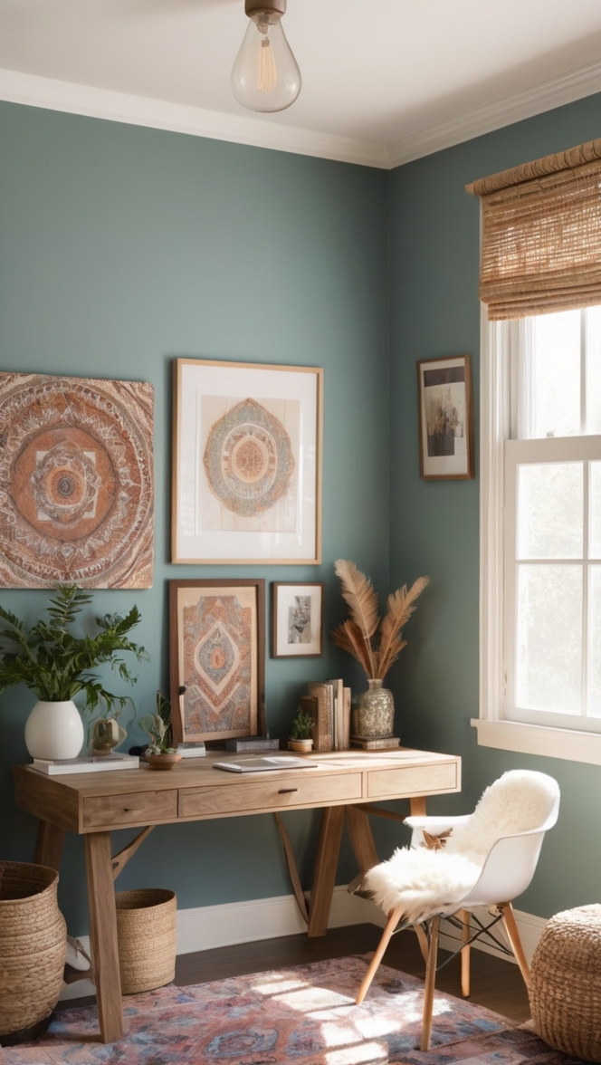 home office decor, bohemian office accessories, boho office furniture, modern boho office, chic home office 