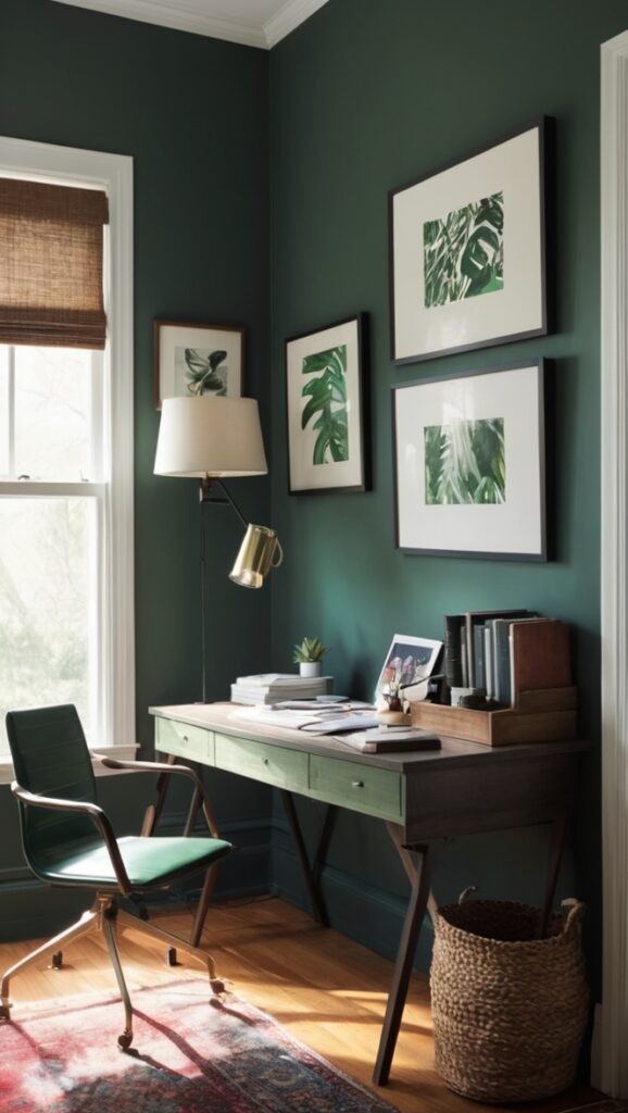 deep forest green office, modern emerald study, chic black office space, sophisticated hunter green workspace, classy dark mossy office