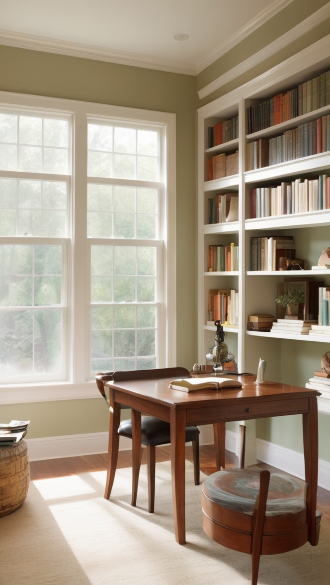 moody home office, cozy office decor, modern library design, sleek home office, elegant workspace