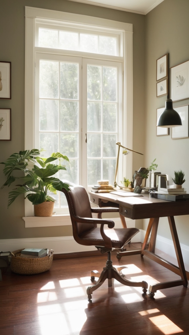 home office decor, comfortable office chair, minimalist desk, natural lighting, home office design 