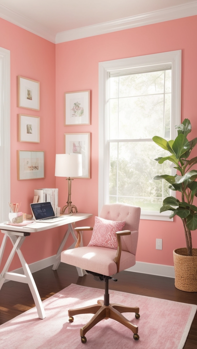pink office decor, stylish home office, chic workspace design, feminine office space, modern home office design