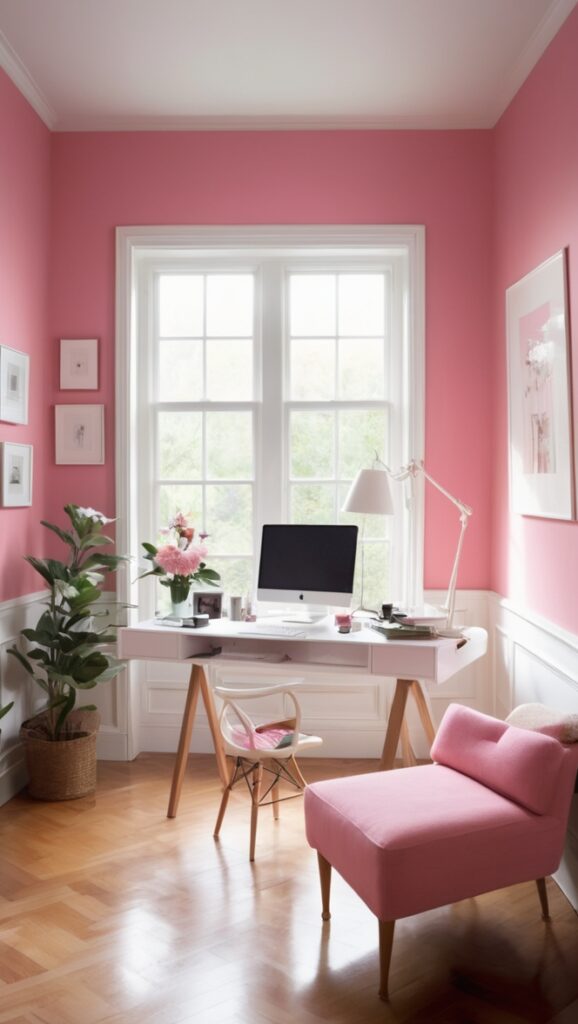 pink office decor, stylish home office, chic workspace design, feminine office space, modern home office design