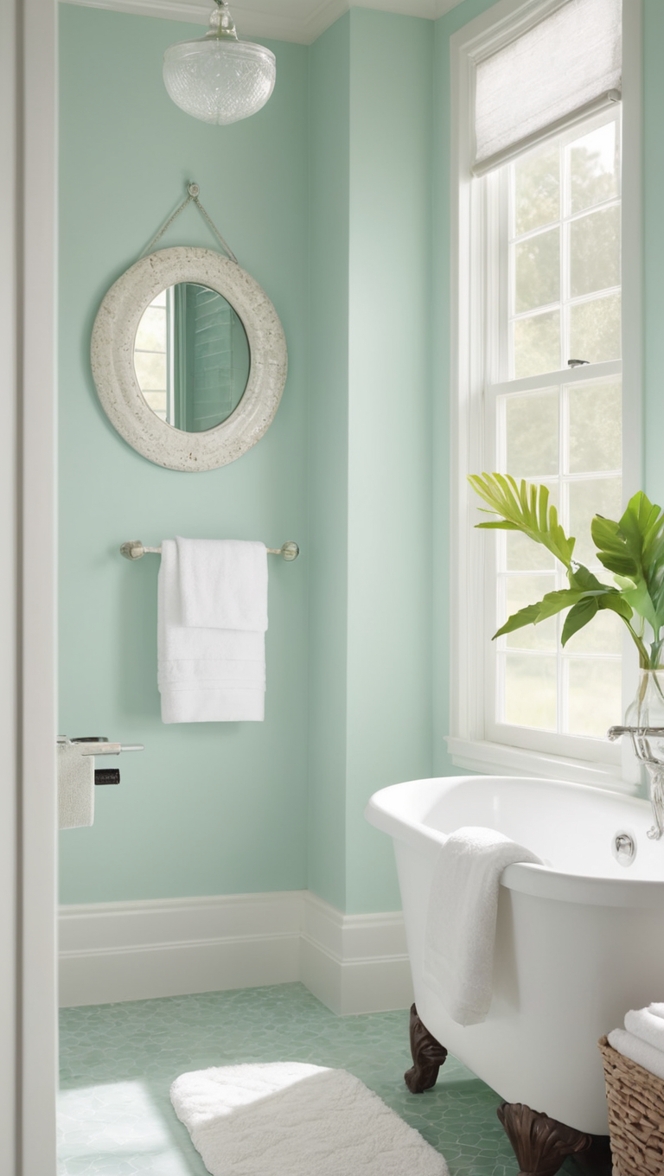 seafoam green tile, seafoam green paint, seafoam green bathroom accessories, seafoam green shower curtain, seafoam green bath mat