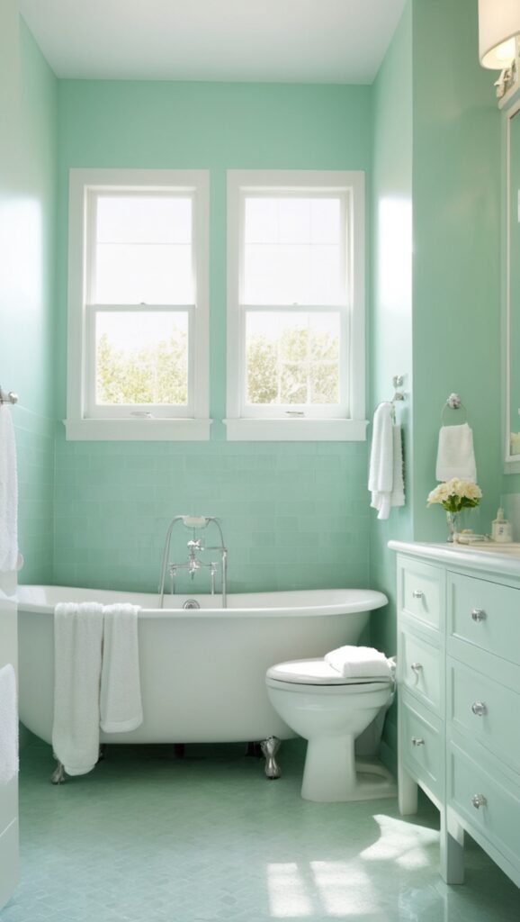 seafoam green tile, seafoam green paint, seafoam green bathroom accessories, seafoam green shower curtain, seafoam green bath mat