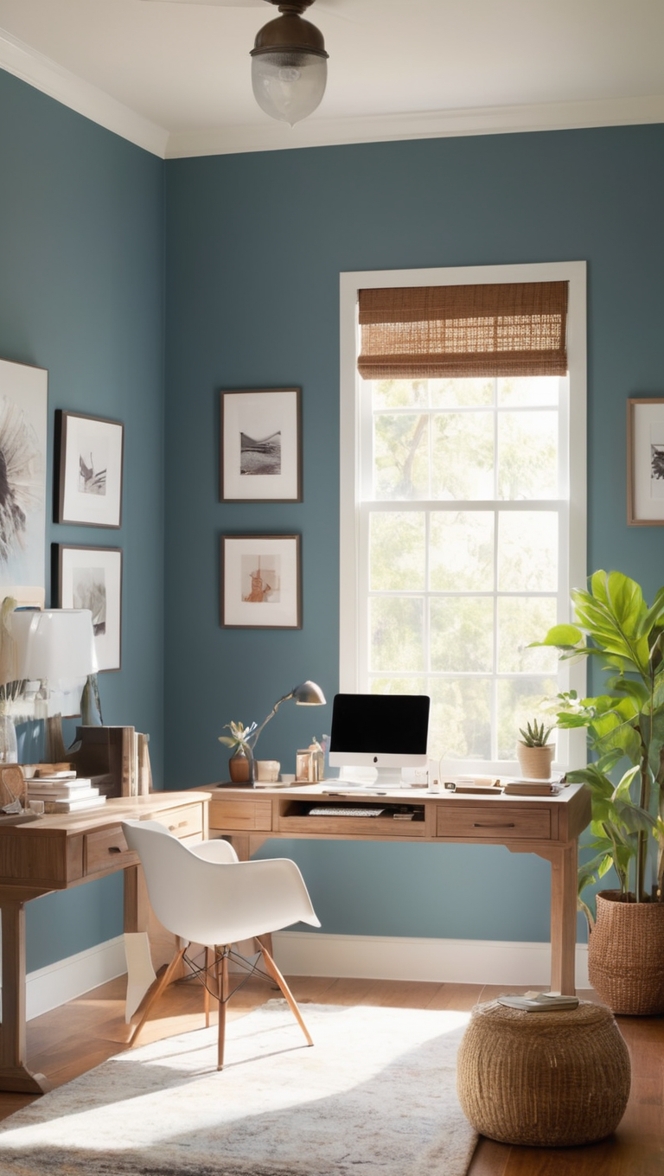 small home office, moody office decor, cozy workspace design, minimalist office setup, modern office furniture