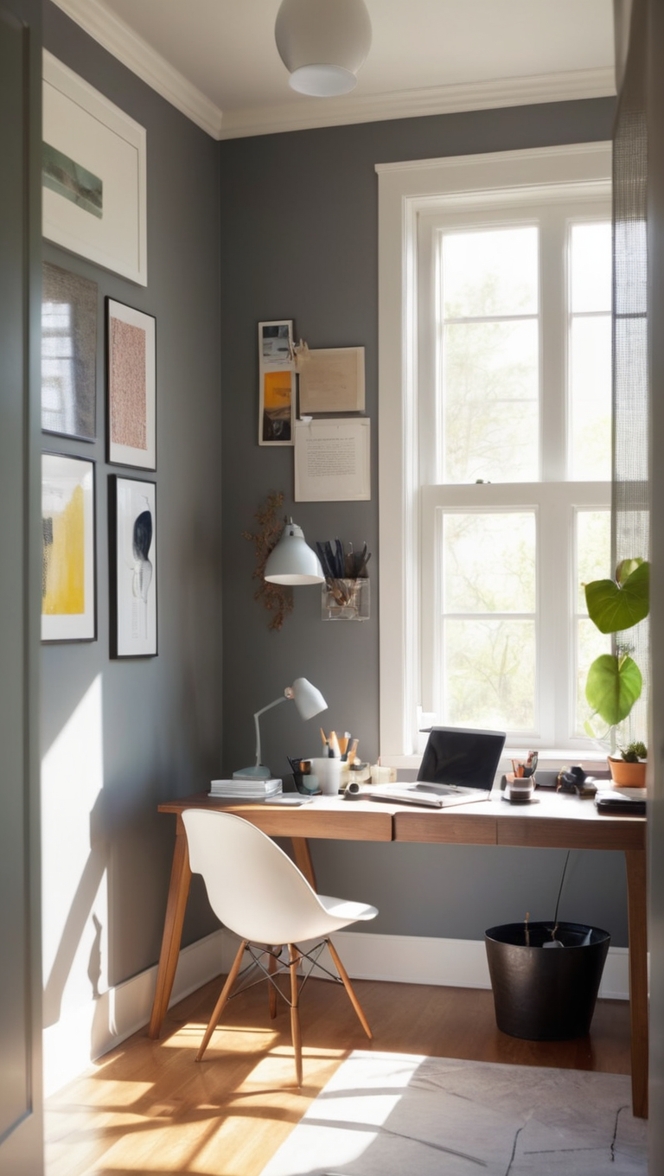 small home office, moody office decor, cozy workspace design, minimalist office setup, modern office furniture 