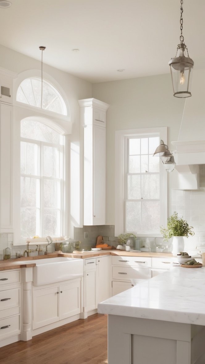 white kitchen cabinets, farmhouse sink, marble countertops, pendant lighting, subway tile backsplash