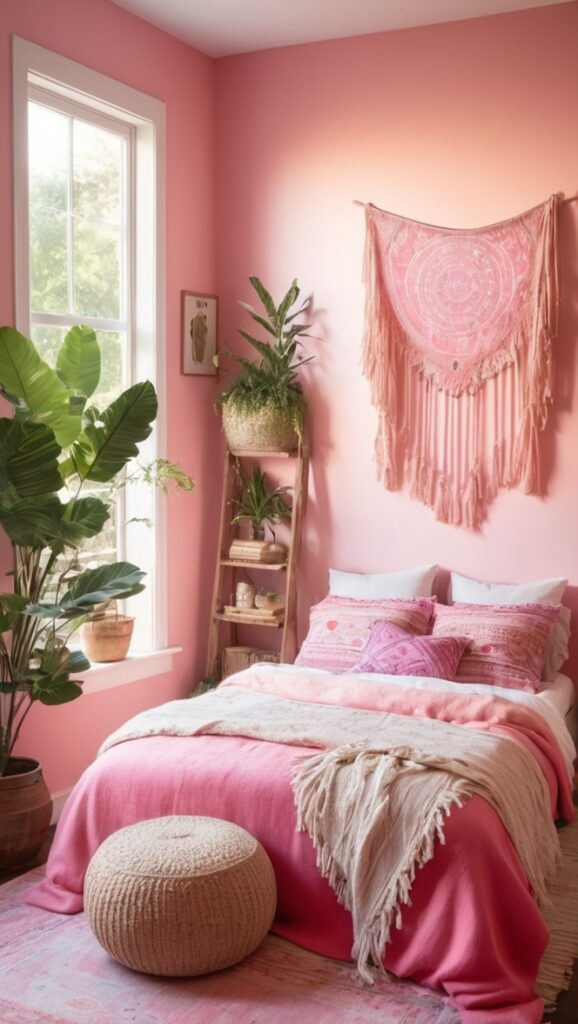 pink room decor, boho chic bedding, bohemian bedroom ideas, feminine home decor, girly room accessories