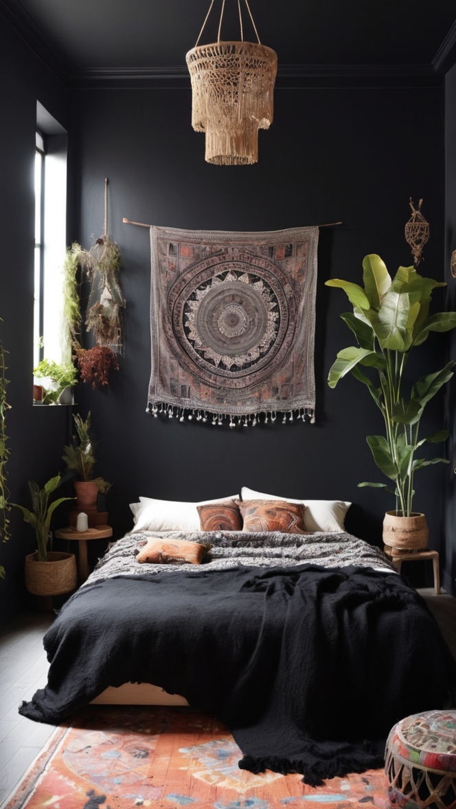 boho chic decor, bohemian style bedroom, black bohemian bedding, modern boho furniture, boho home accessories 