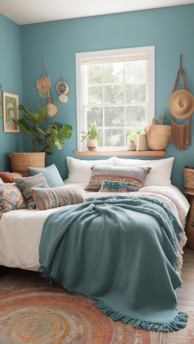 blue boho decor, bohemian bedroom decor, blue boho bedding, boho bedroom furniture, modern boho bedroom