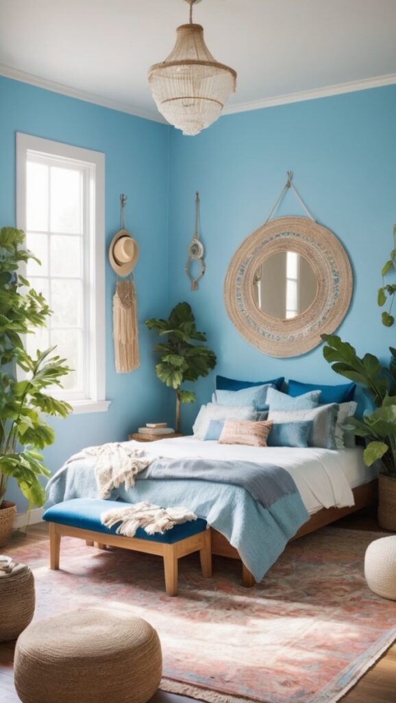 blue boho decor, bohemian bedroom decor, blue boho bedding, boho bedroom furniture, modern boho bedroom
