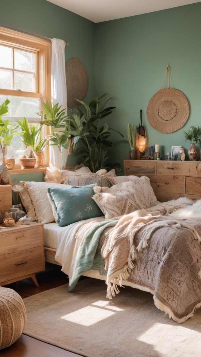 boho bedroom decor, boho chic bedding, witchy home accessories, bohemian bedroom vibes, eclectic bedroom design