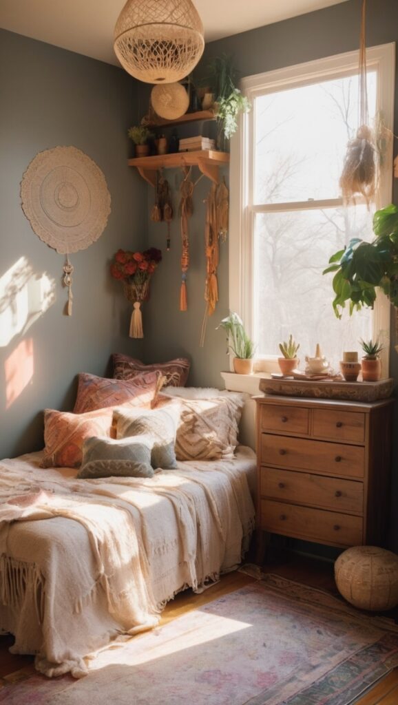 boho bedroom decor, boho chic bedding, witchy home accessories, bohemian bedroom vibes, eclectic bedroom design