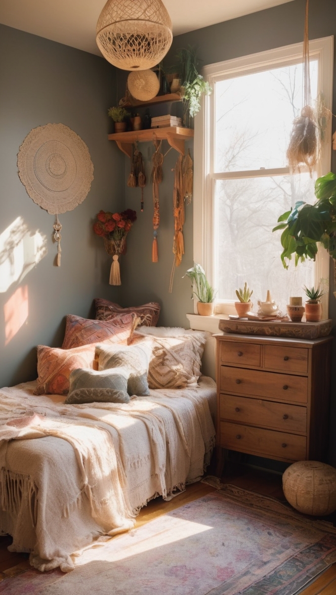 boho bedroom decor, boho chic bedding, witchy home accessories, bohemian bedroom vibes, eclectic bedroom design 