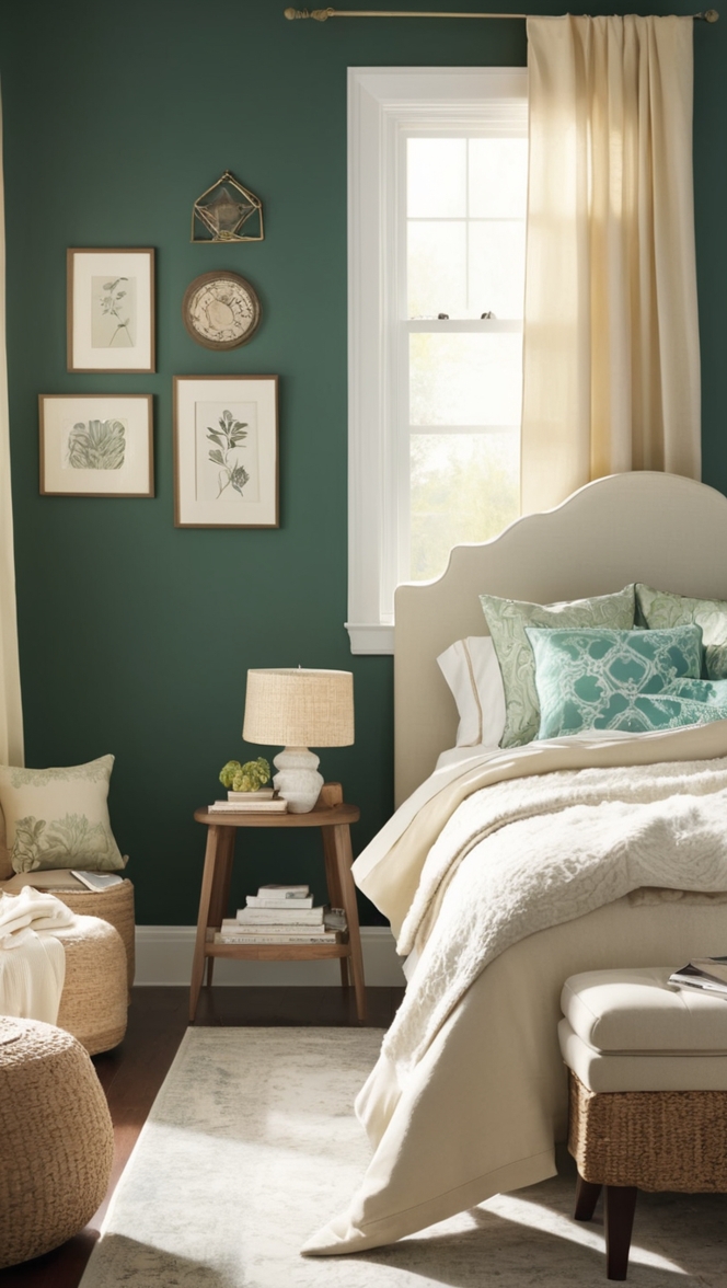 dark green paint, green bedroom decor, forest green bedding, emerald green curtains, moss green walls