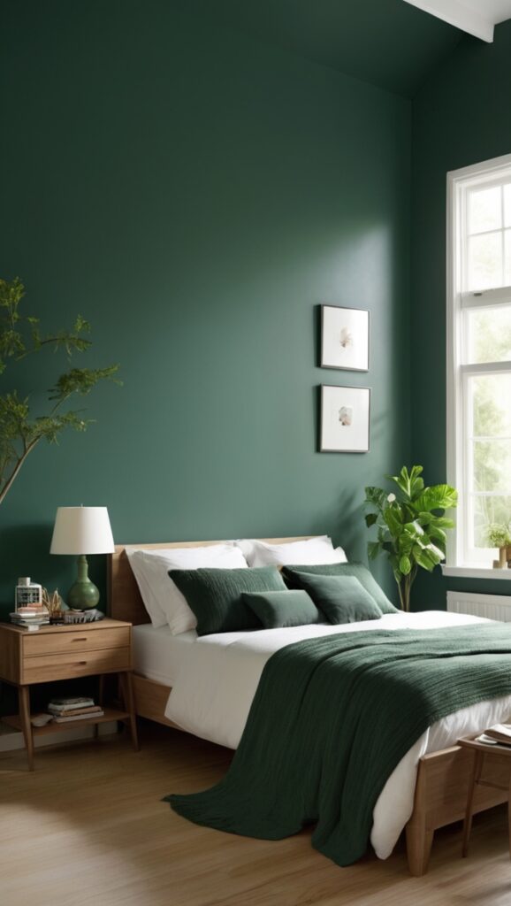 dark green paint, green bedroom decor, forest green bedding, emerald green curtains, moss green walls