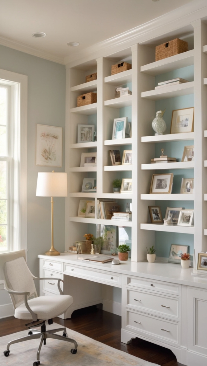 double desk, home office decor, home office design, built in office furniture, desk organization 