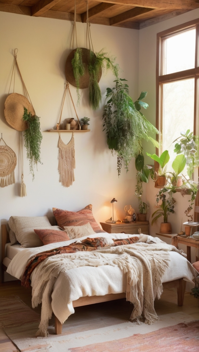 bohemian decor, boho chic, natural materials, rustic bedding, earthy aesthetic 