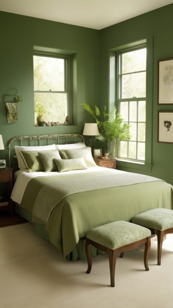 emerald green bedroom, sage green bedroom, hunter green bedroom, moss green bedroom, olive green bedroom
