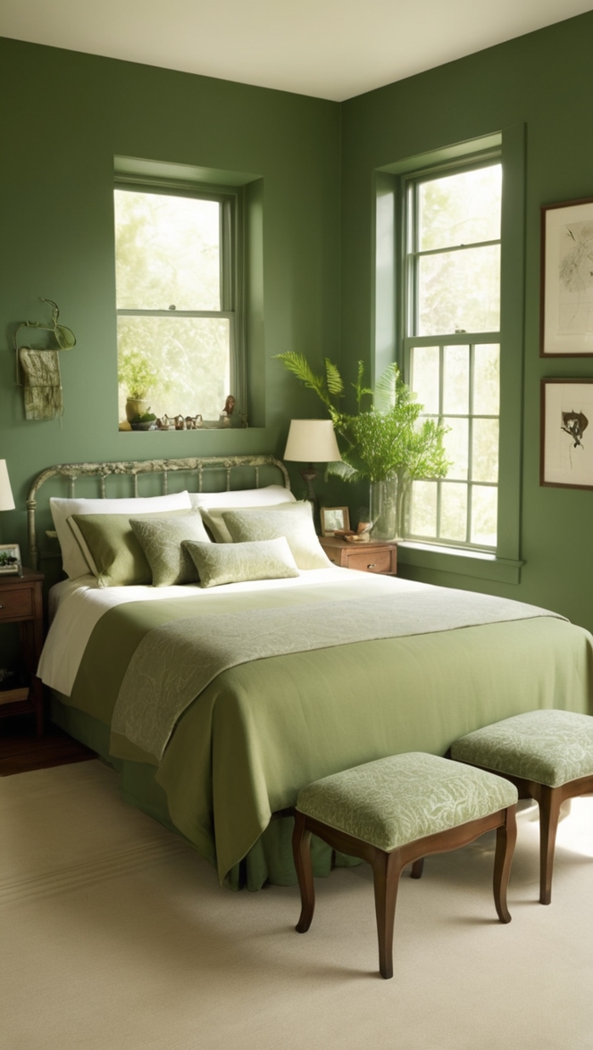 emerald green bedroom, sage green bedroom, hunter green bedroom, moss green bedroom, olive green bedroom 