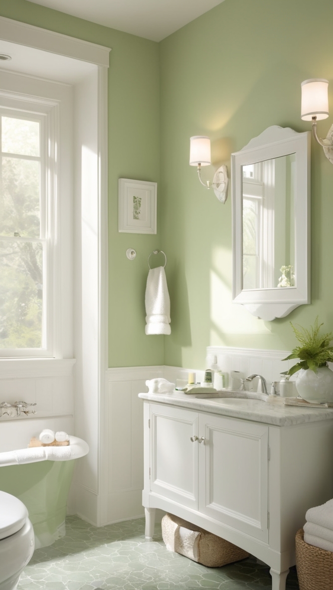 green bathroom renovation, white bathroom tiles, small green bathroom ideas, green and white bathroom decor, modern white bathroom design