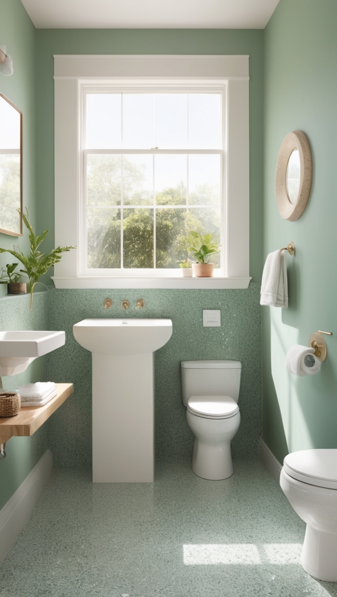 green terrazzo flooring, terrazzo tile bathroom, green terrazzo countertop, terrazzo bathroom sink, terrazzo wall tiles