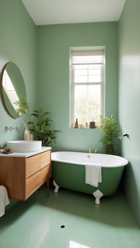 green terrazzo flooring, terrazzo tile bathroom, green terrazzo countertop, terrazzo bathroom sink, terrazzo wall tiles