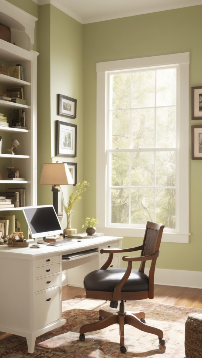 home office desk, ergonomic office chair, standing desk, dual monitor setup, office organization