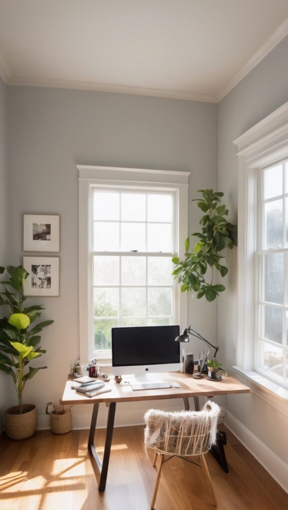 home office desk, ergonomic office chair, standing desk, dual monitor setup, office organization