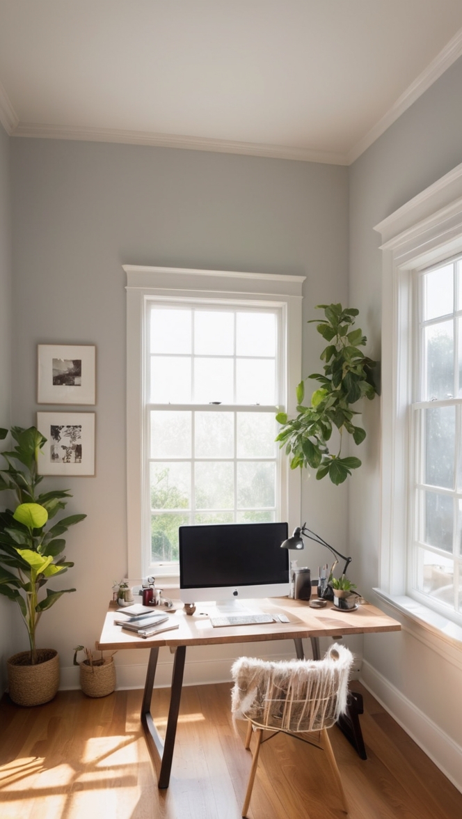 home office desk, ergonomic office chair, standing desk, dual monitor setup, office organization 