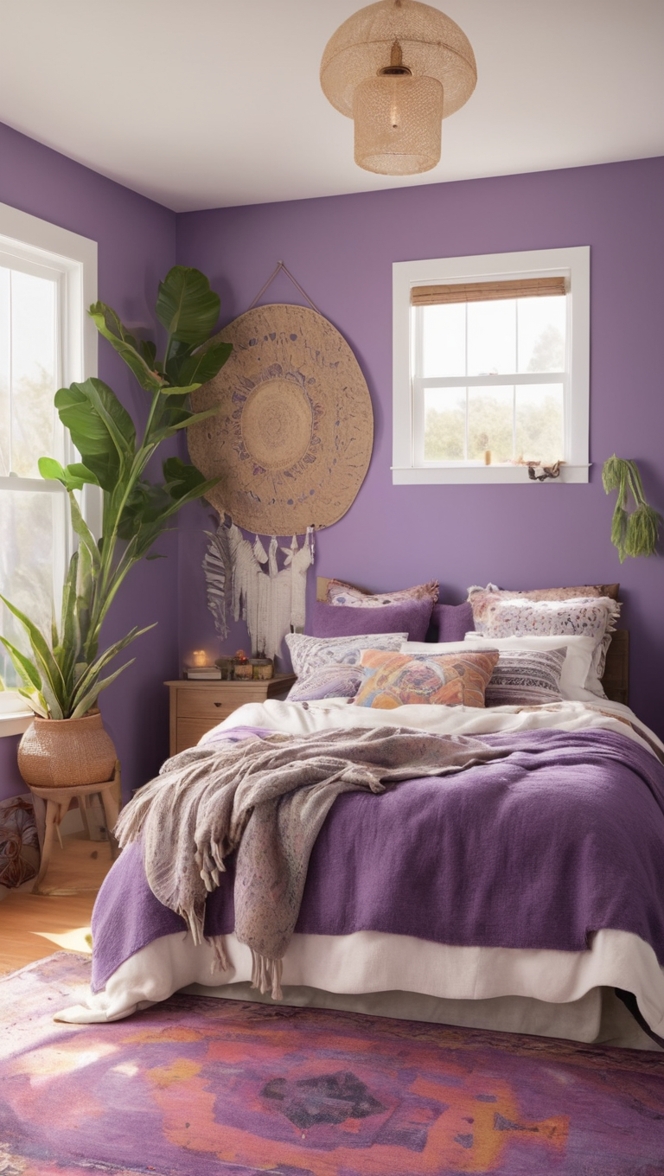 purple boho decor, bohemian bedroom design, stylish boho interiors, trendy purple bedroom, chic boho bedding