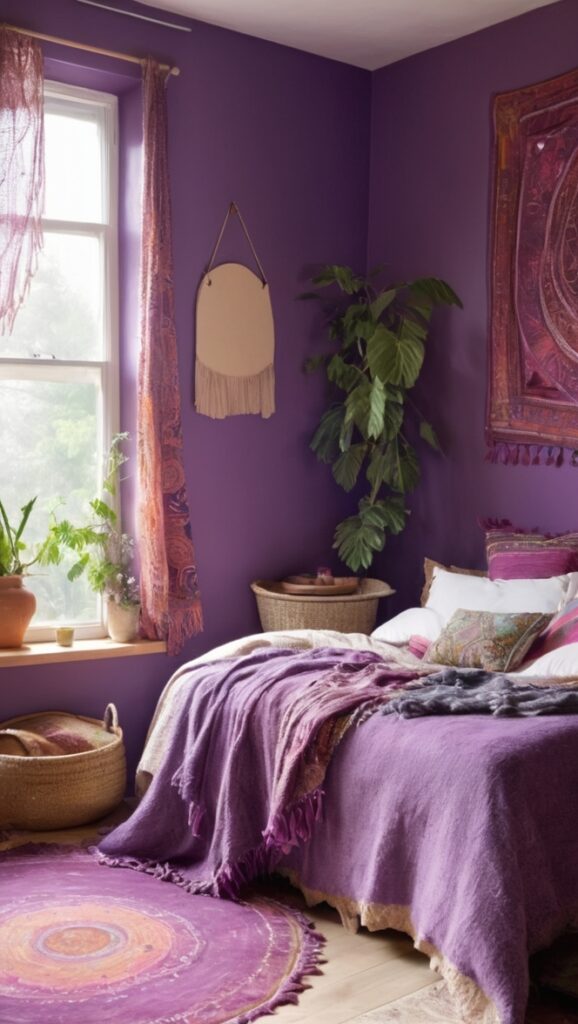 purple boho decor, bohemian bedroom design, stylish boho interiors, trendy purple bedroom, chic boho bedding