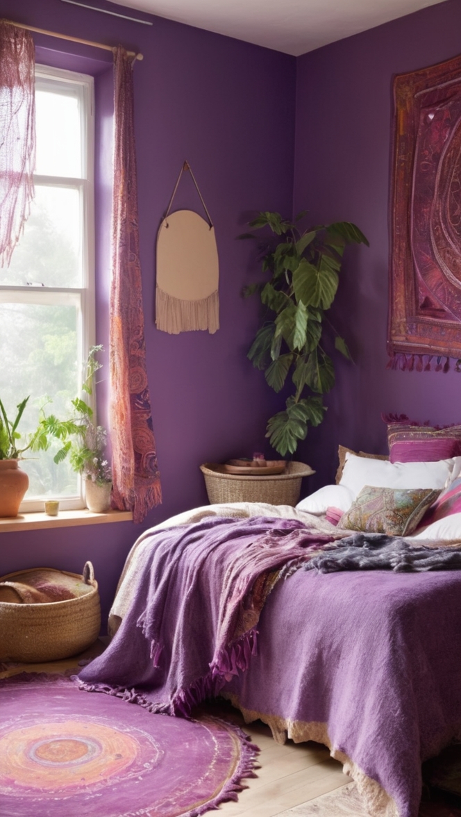 purple boho decor, bohemian bedroom design, stylish boho interiors, trendy purple bedroom, chic boho bedding 