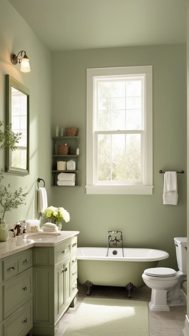green bathroom decor, sage green paint, bathroom remodel, luxury bathroom, designer bathroom