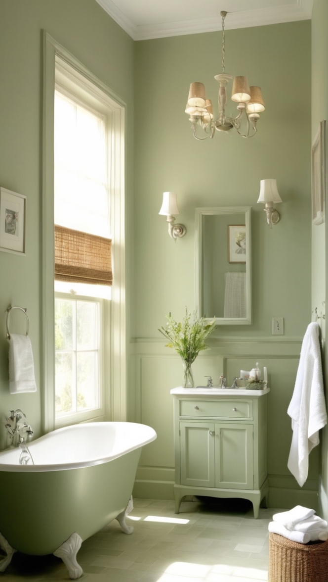 green bathroom decor, sage green paint, bathroom remodel, luxury bathroom, designer bathroom 