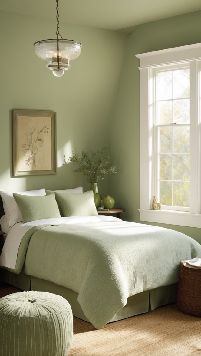 sage green paint, green bedroom decor, sage green walls, sage green bedding, lime green bedroom