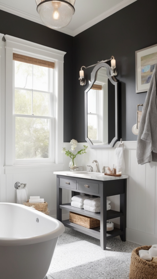 modern bathroom design, elegant bathroom decor, small bathroom makeover, luxury bathroom remodel, stylish black and white bathroom