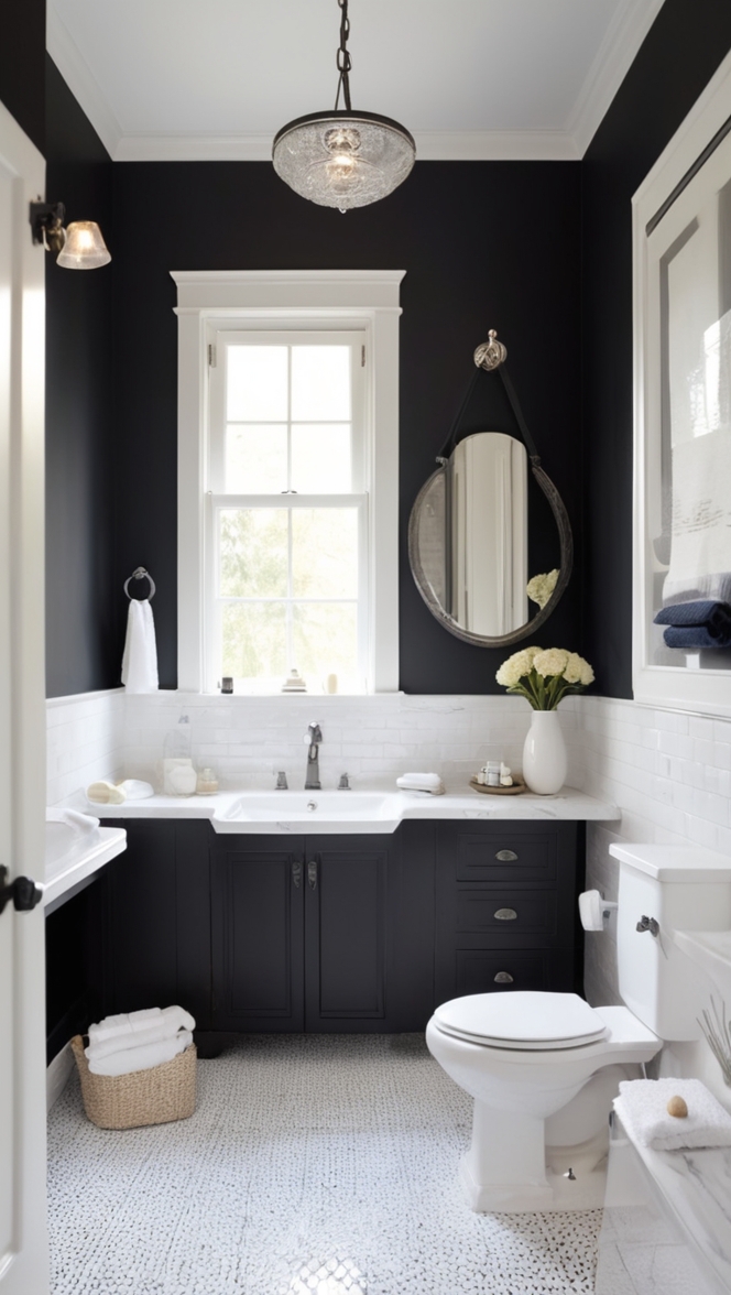 modern bathroom design, elegant bathroom decor, small bathroom makeover, luxury bathroom remodel, stylish black and white bathroom 