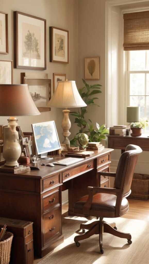 vintage home office decor, masculine home office ideas, executive home office design, classic home office furniture, sophisticated office workspace