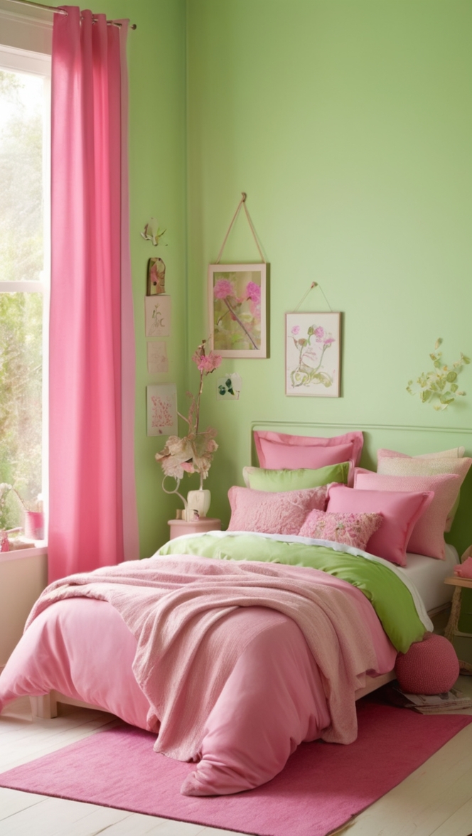 green and pink decor, pink and green bedding, green and pink furniture, green and pink accessories, pink and green wall art 